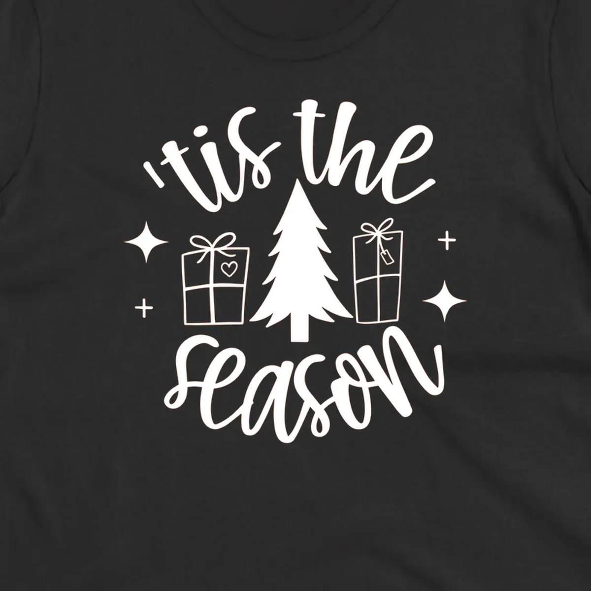 Tis the season holiday gifts with christmas tree and presents illustration on black.