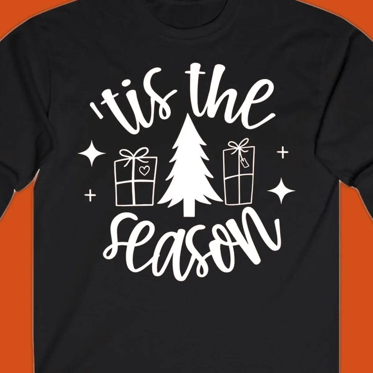 Tis the season holiday gifts with christmas tree and presents illustration on black.