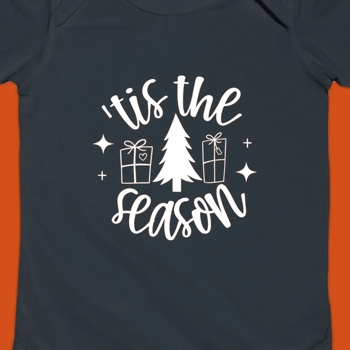 Tis the season holiday gifts with christmas tree and presents illustration on black.