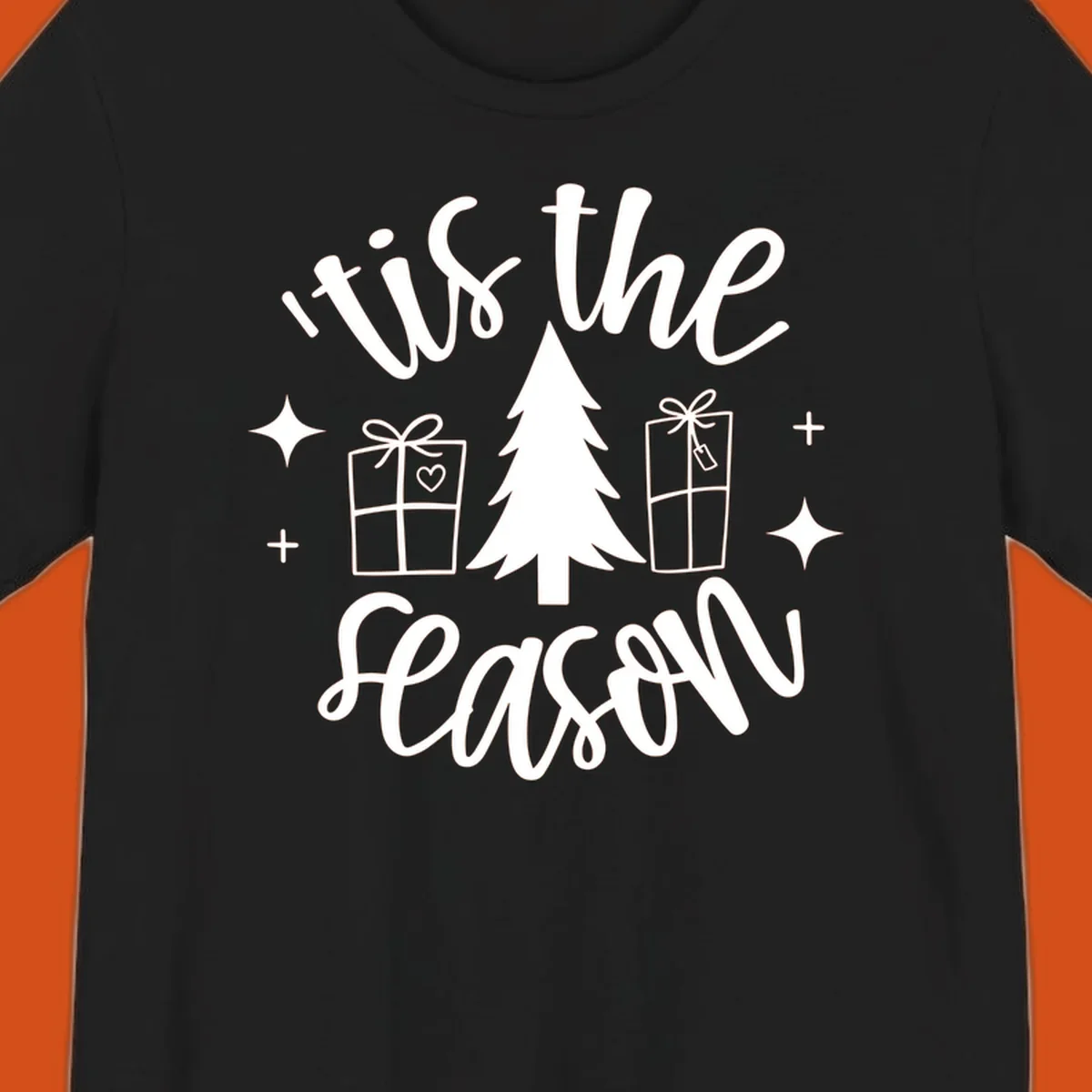 Tis the season holiday gifts with christmas tree and presents illustration on black.