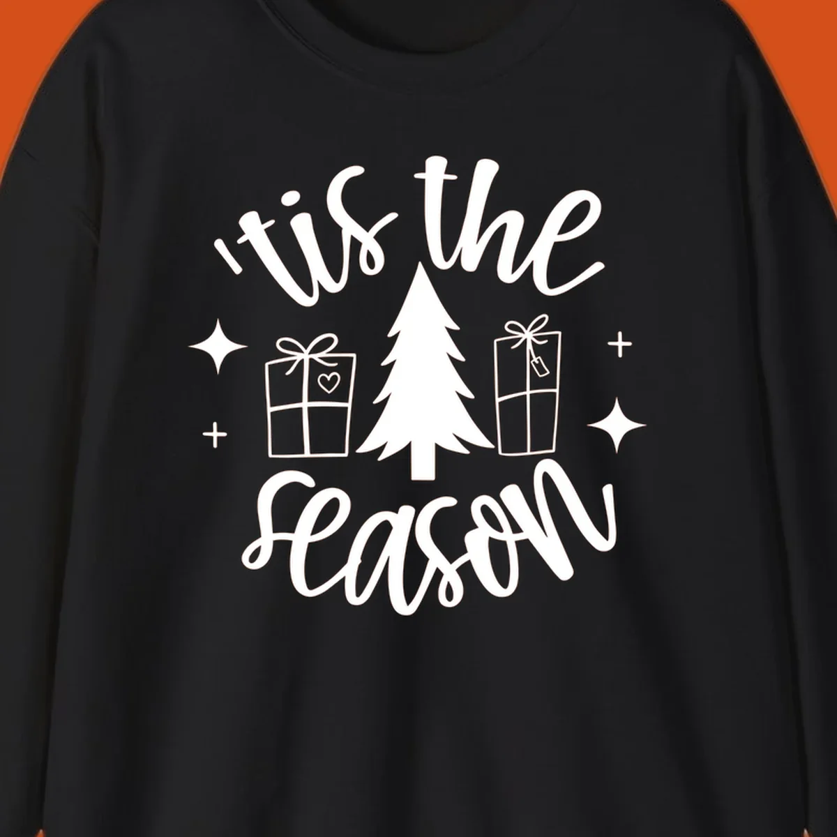 Tis the season holiday gifts with christmas tree and presents illustration on black.