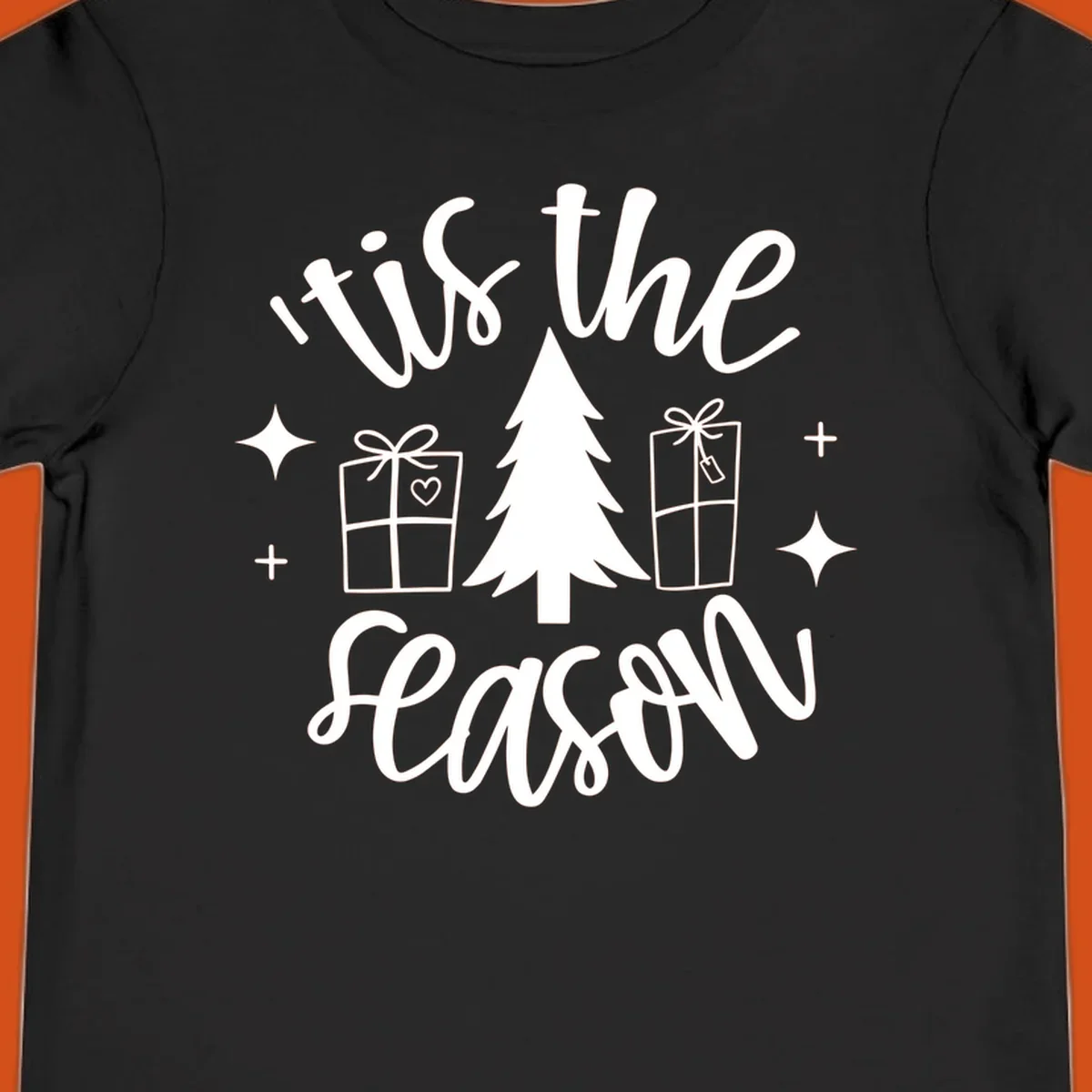 Tis the season holiday gifts with christmas tree and presents illustration on black.