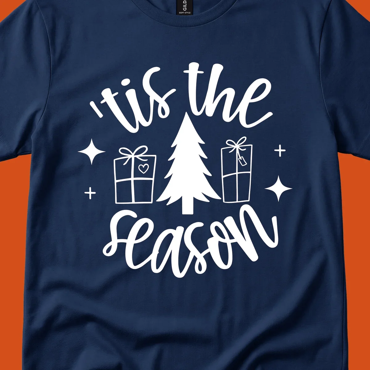 Tis the season holiday gifts with christmas tree and presents illustration on black.