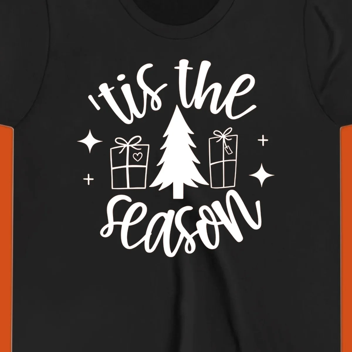 Tis the season holiday gifts with christmas tree and presents illustration on black.