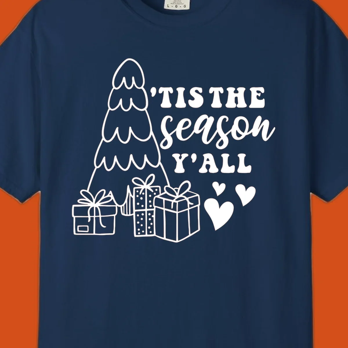 Tis the season yall holiday design with Christmas tree, gifts, and hearts.