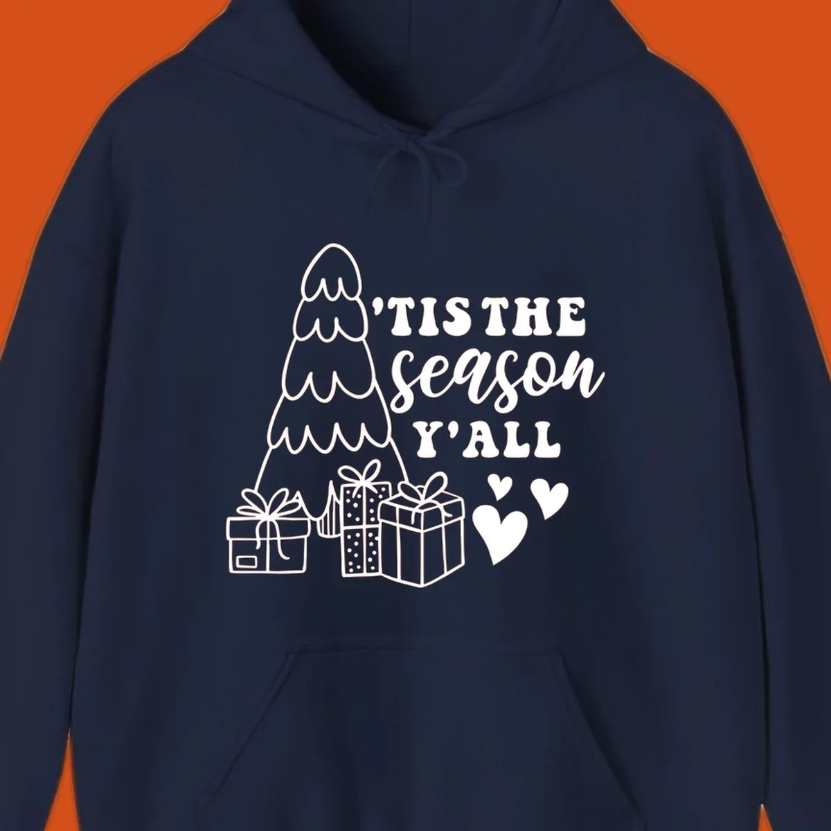 Tis the season yall holiday design with Christmas tree, gifts, and hearts.
