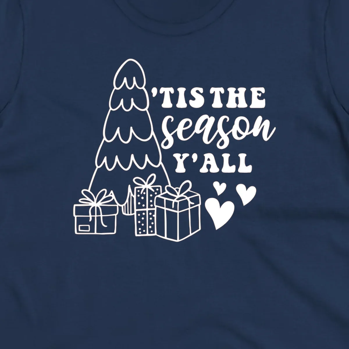 Tis the season yall holiday design with Christmas tree, gifts, and hearts.