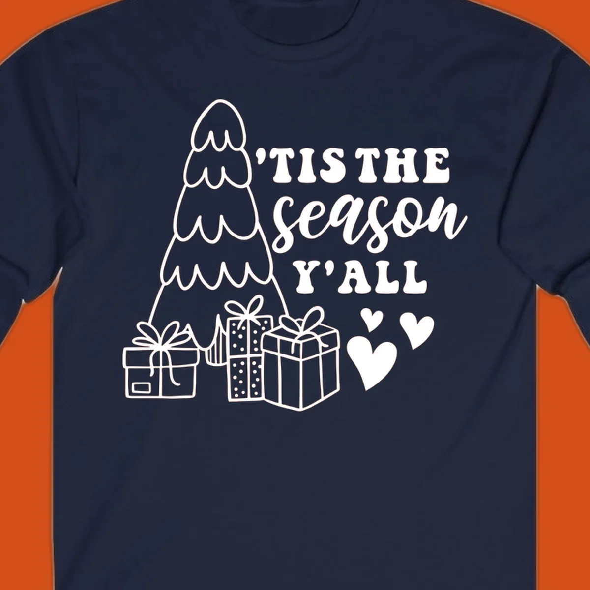 Tis the season yall holiday design with Christmas tree, gifts, and hearts.