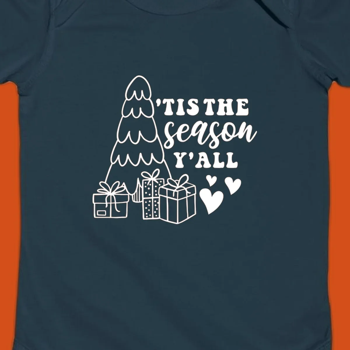 Tis the season yall holiday design with Christmas tree, gifts, and hearts.