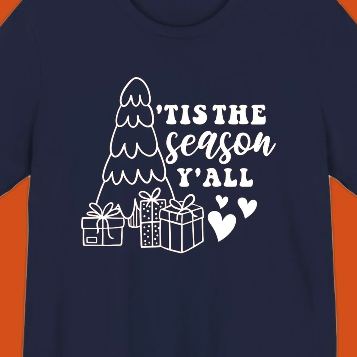 Tis the season yall holiday design with Christmas tree, gifts, and hearts.