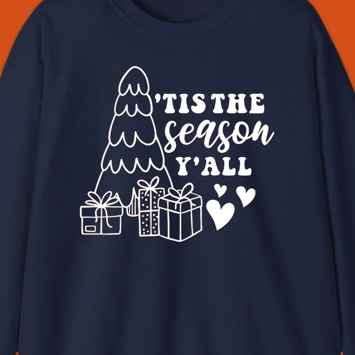 Tis the season yall holiday design with Christmas tree, gifts, and hearts.