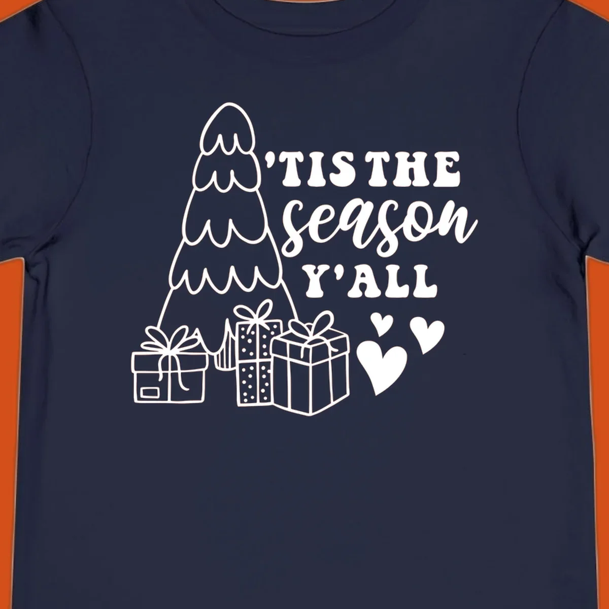 Tis the season yall holiday design with Christmas tree, gifts, and hearts.