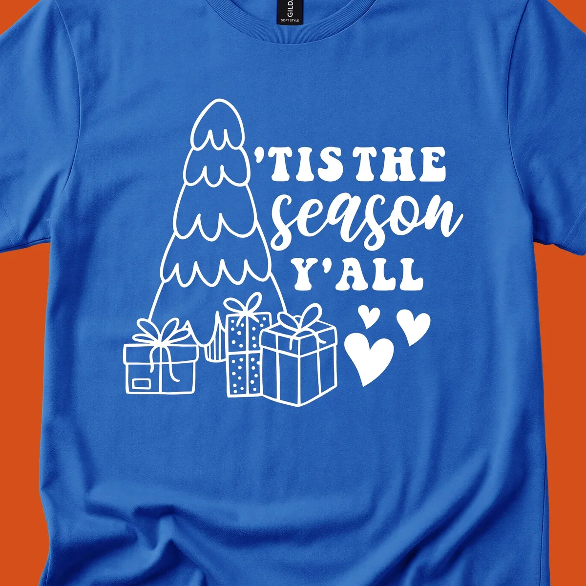 Tis the season yall holiday design with Christmas tree, gifts, and hearts.