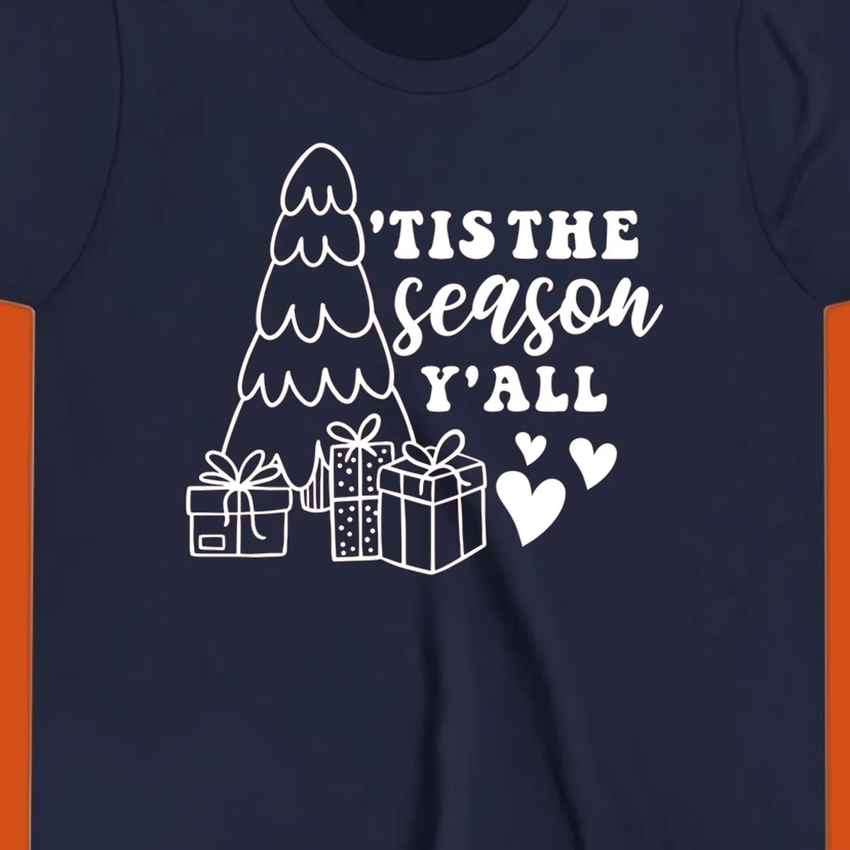 Tis the season yall holiday design with Christmas tree, gifts, and hearts.