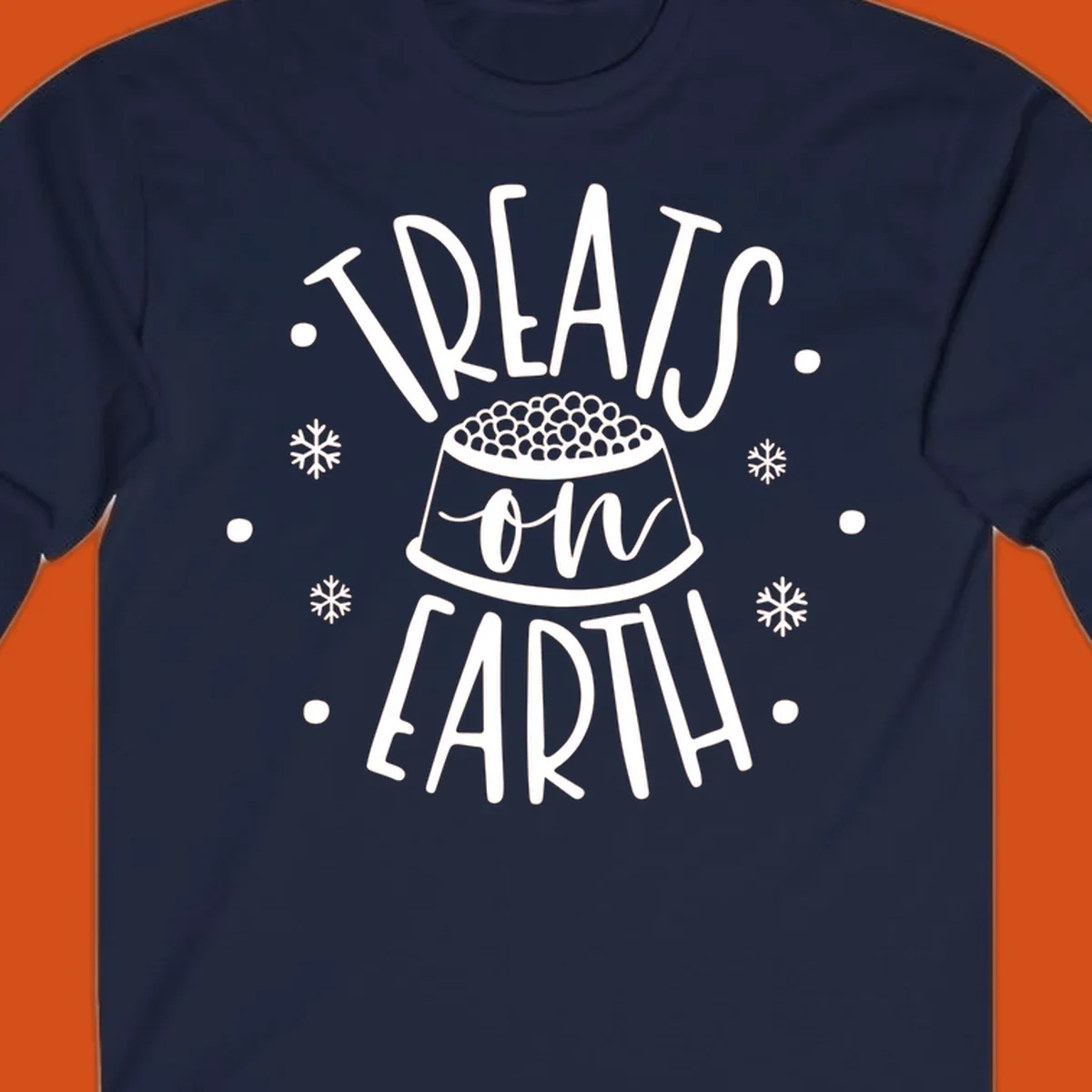 Holiday dog treats on earth text with dog bowl and snowflakes.