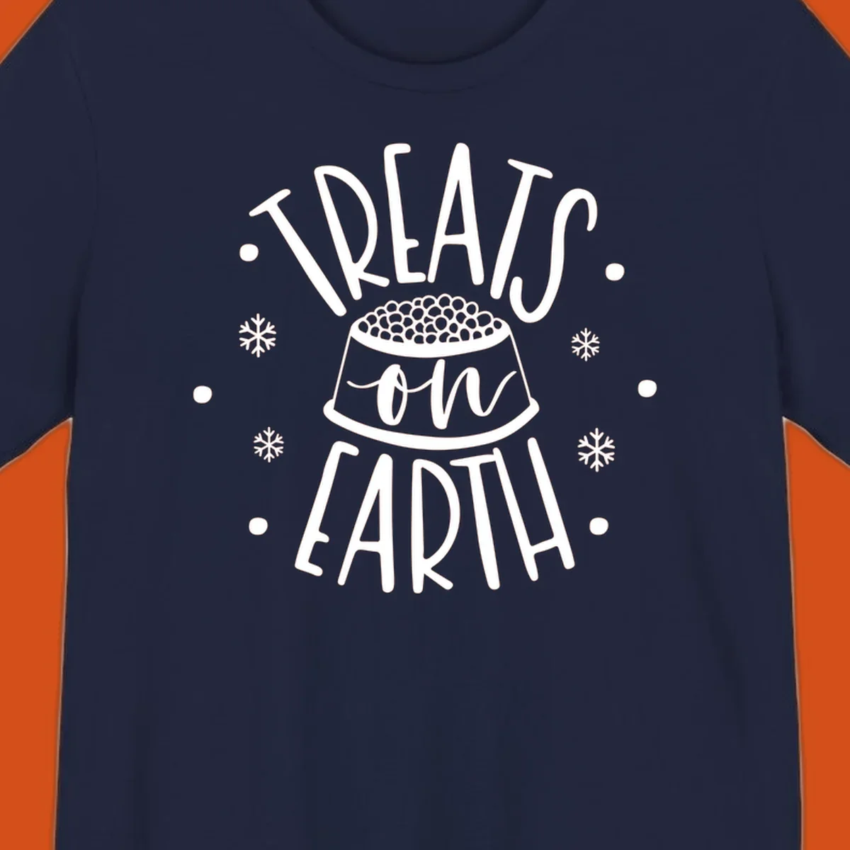 Holiday dog treats on earth text with dog bowl and snowflakes.