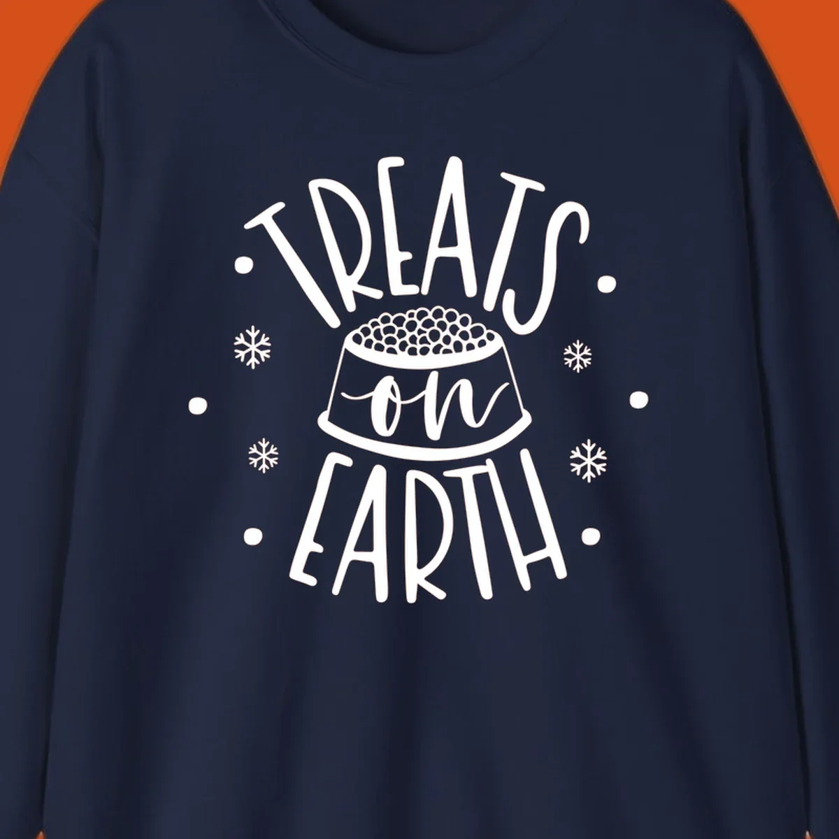 Holiday dog treats on earth text with dog bowl and snowflakes.