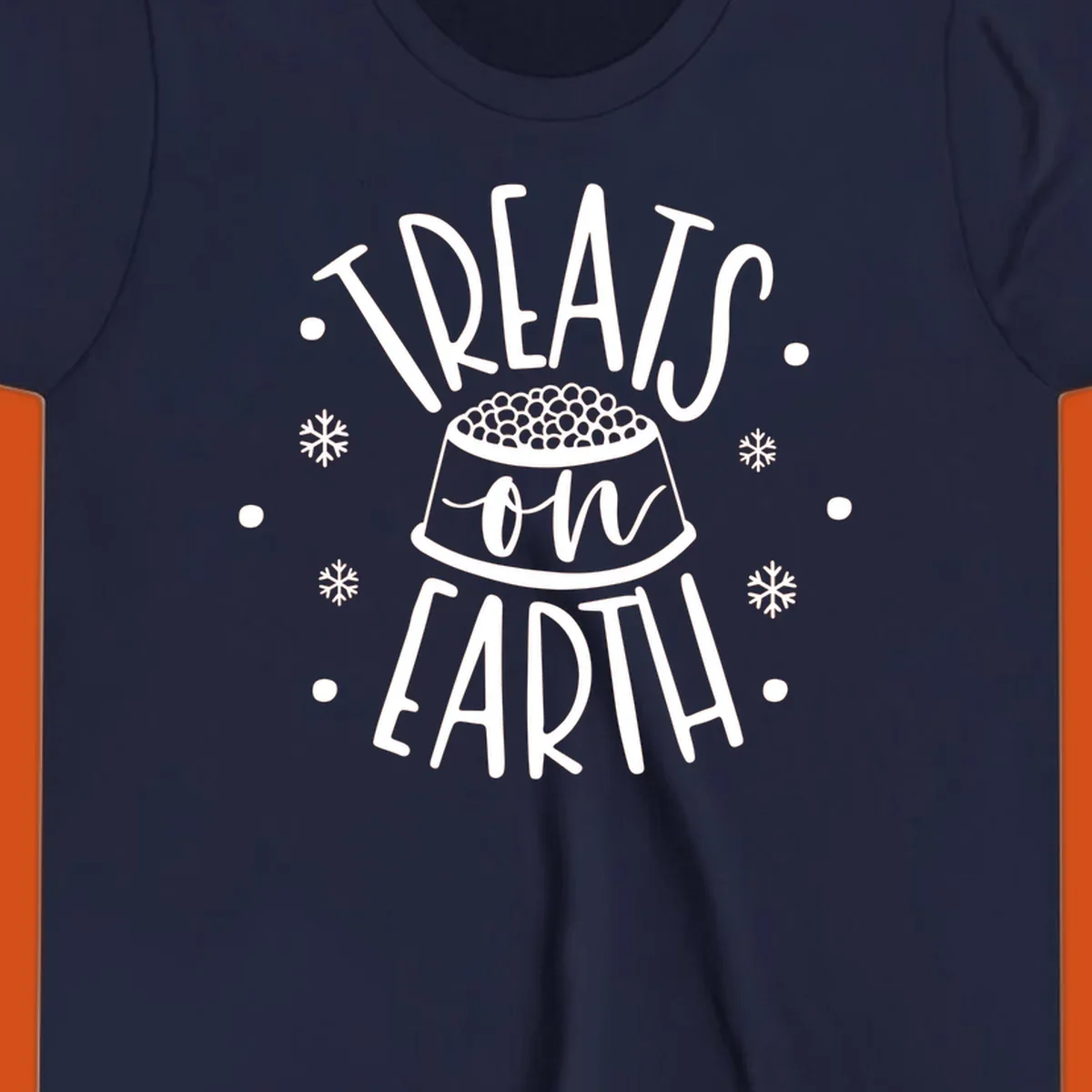 Holiday dog treats on earth text with dog bowl and snowflakes.