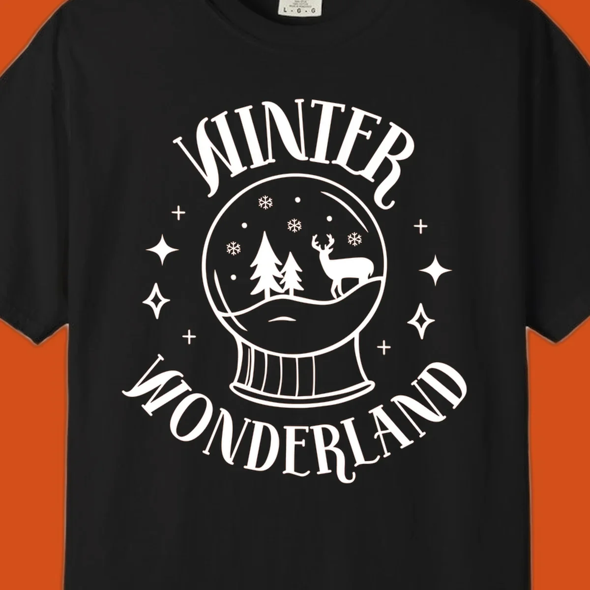 Winter Wonderland snow globe design with deer, trees, and snowflakes. Text reads WINTER WONDERLAND.