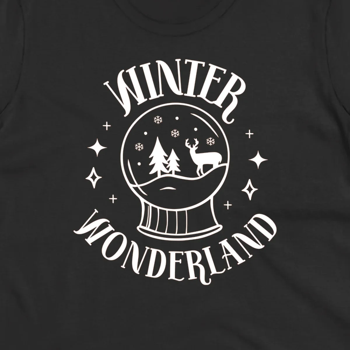 Winter Wonderland snow globe design with deer, trees, and snowflakes. Text reads WINTER WONDERLAND.