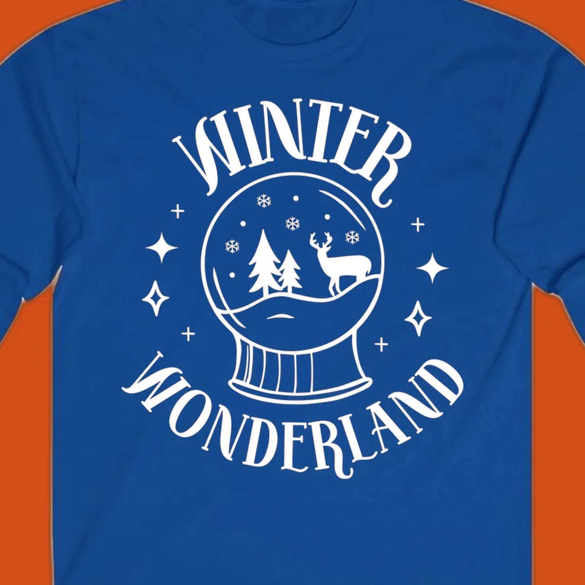 Winter Wonderland snow globe design with deer, trees, and snowflakes. Text reads WINTER WONDERLAND.
