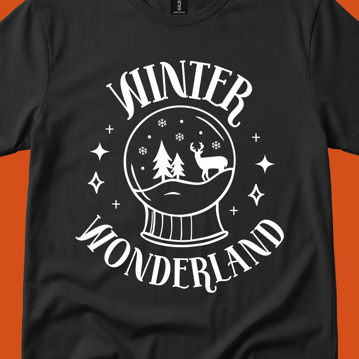 Winter Wonderland snow globe design with deer, trees, and snowflakes. Text reads WINTER WONDERLAND.