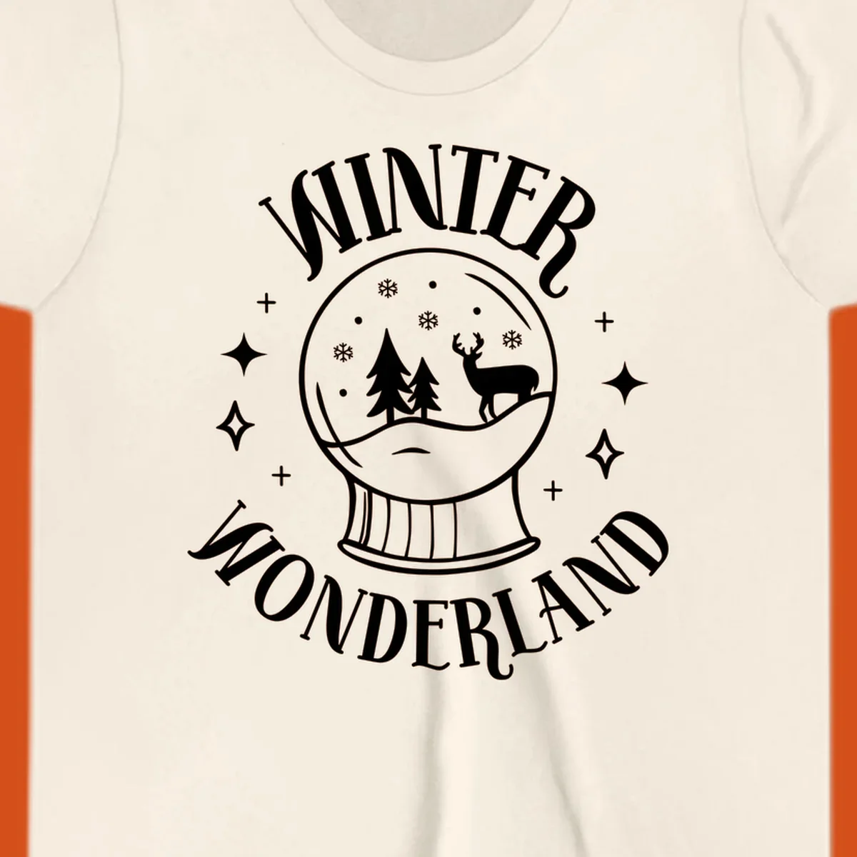 Winter Wonderland snow globe design with deer, trees, and snowflakes. Text reads WINTER WONDERLAND.