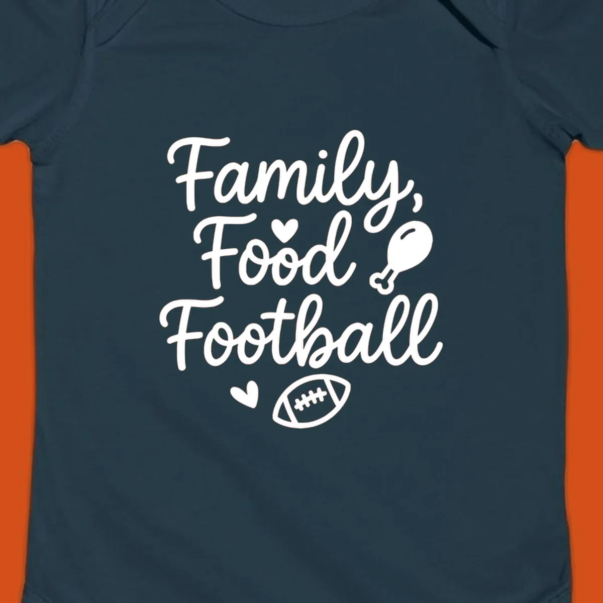 Family Food Football text with icons for Thanksgiving and game day.