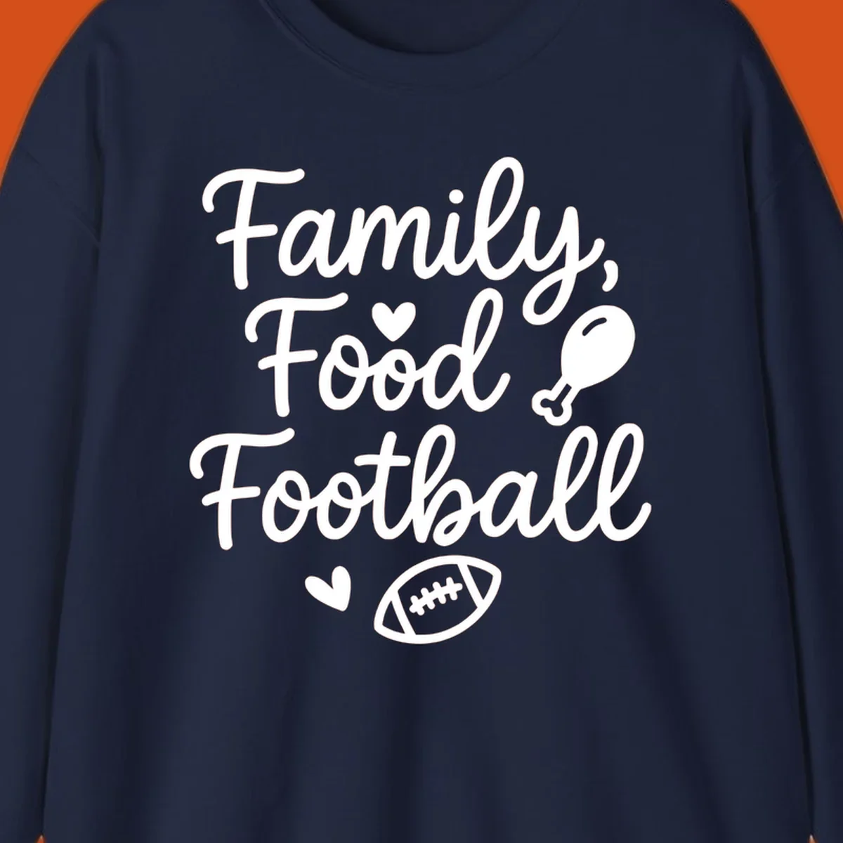 Family Food Football text with icons for Thanksgiving and game day.
