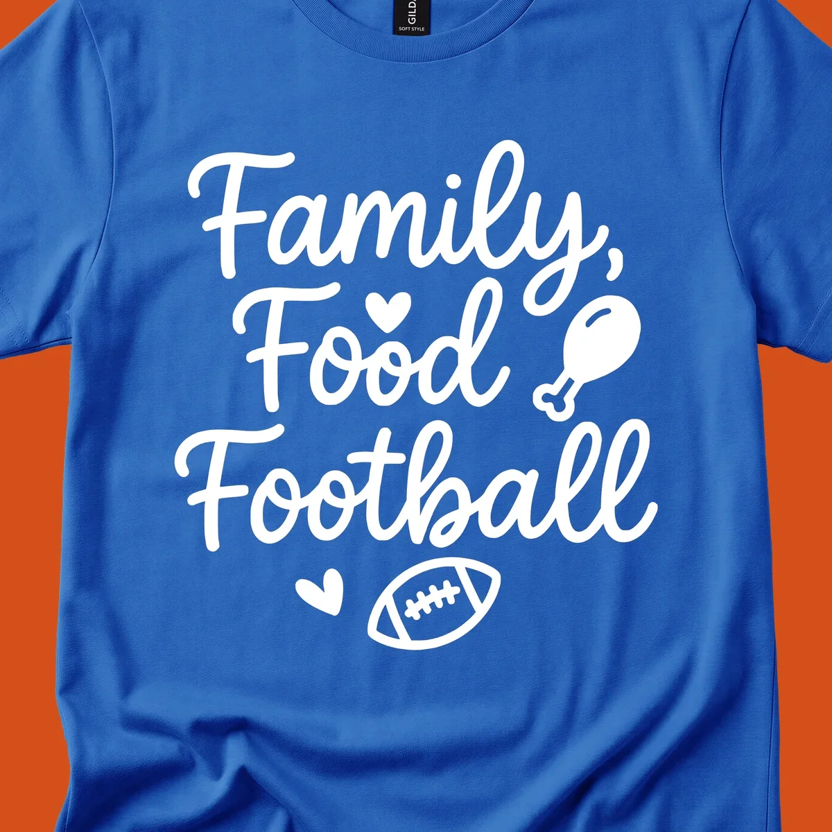 Family Food Football text with icons for Thanksgiving and game day.