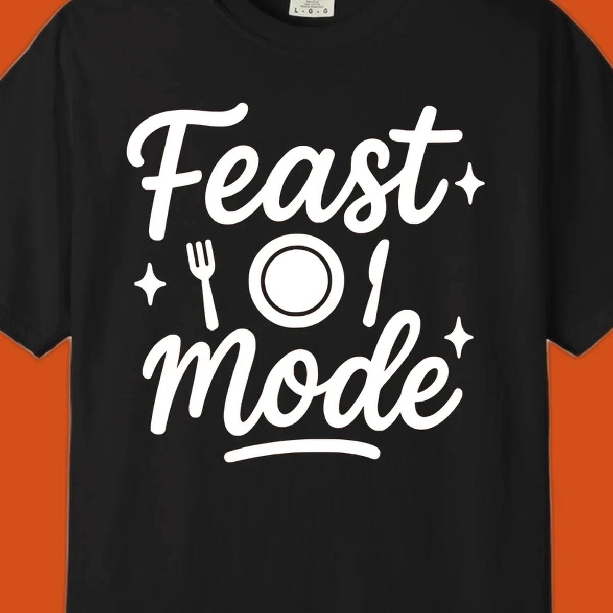 Feast Mode Typography Design with fork, plate, knife, and sparkles.