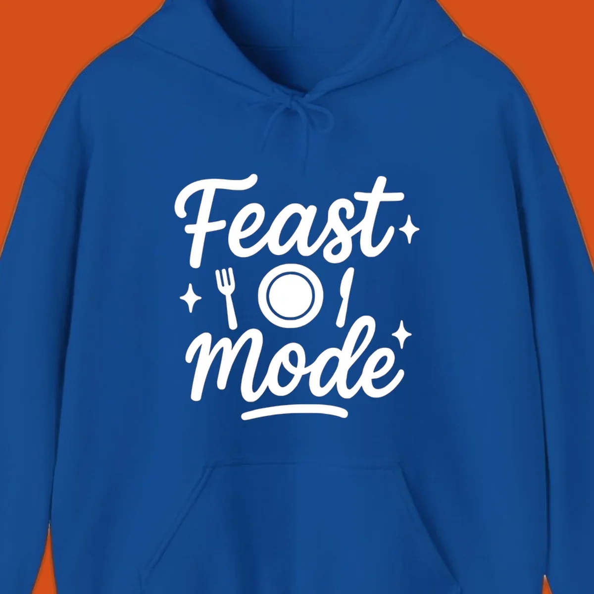 Feast Mode Typography Design with fork, plate, knife, and sparkles.