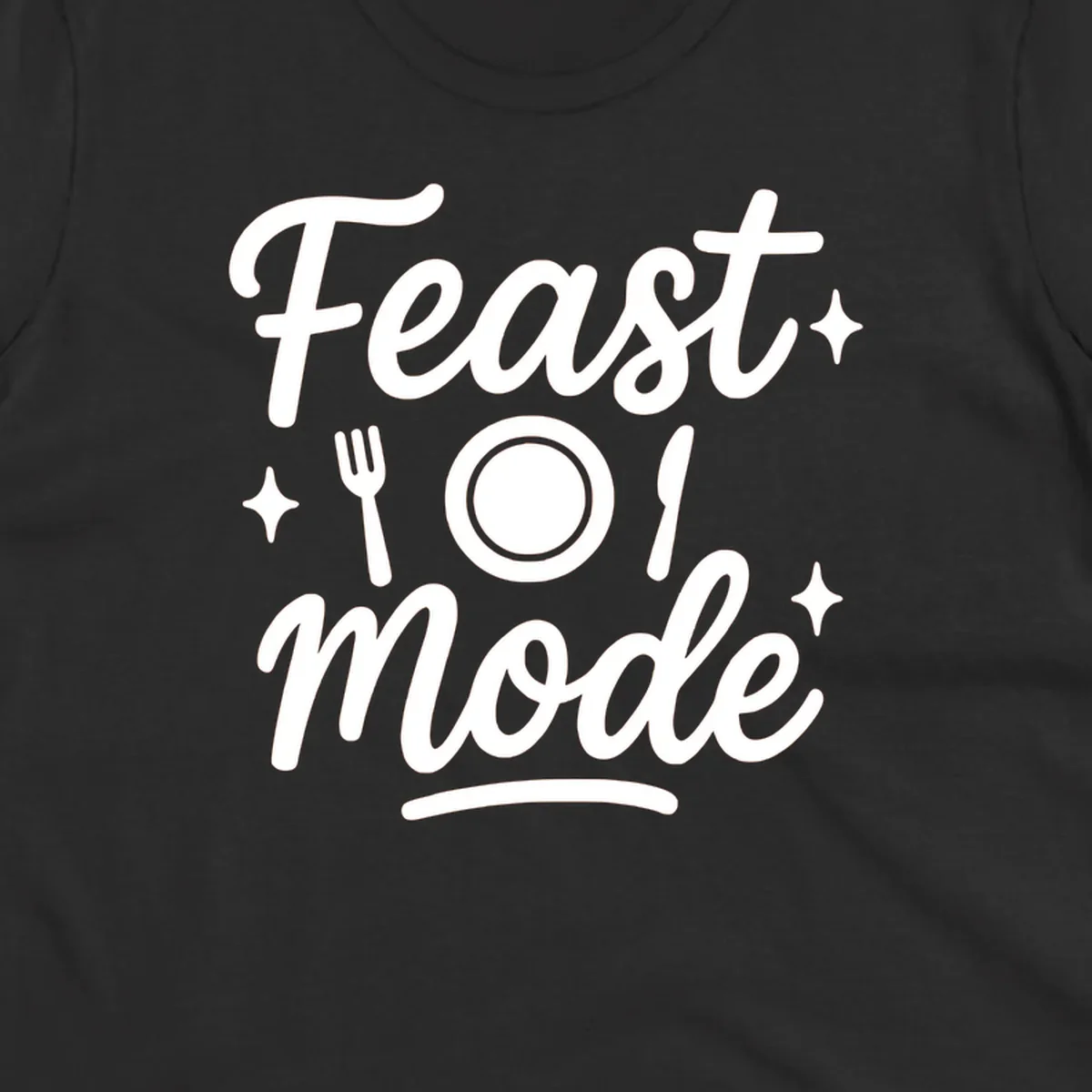 Feast Mode Typography Design with fork, plate, knife, and sparkles.
