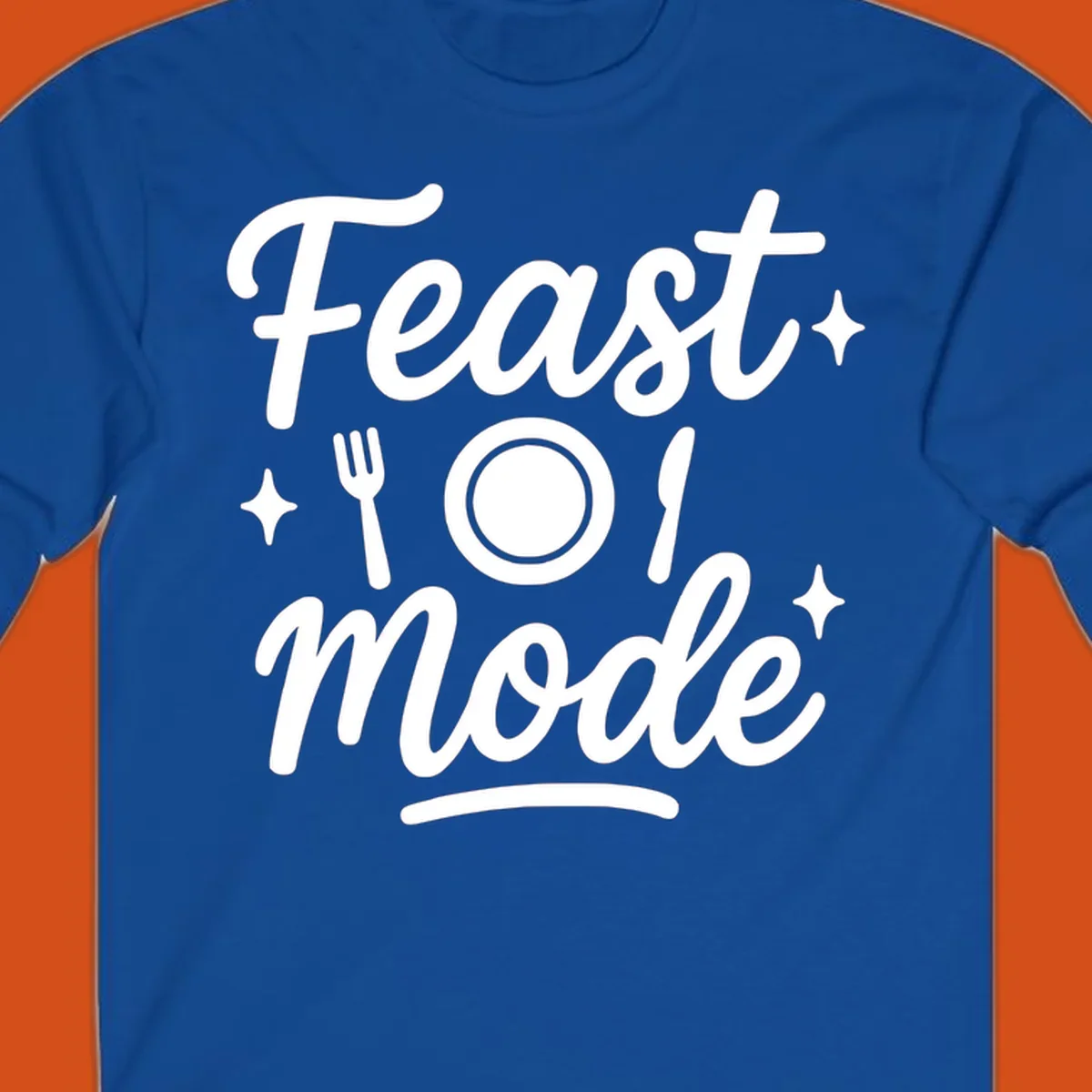 Feast Mode Typography Design with fork, plate, knife, and sparkles.