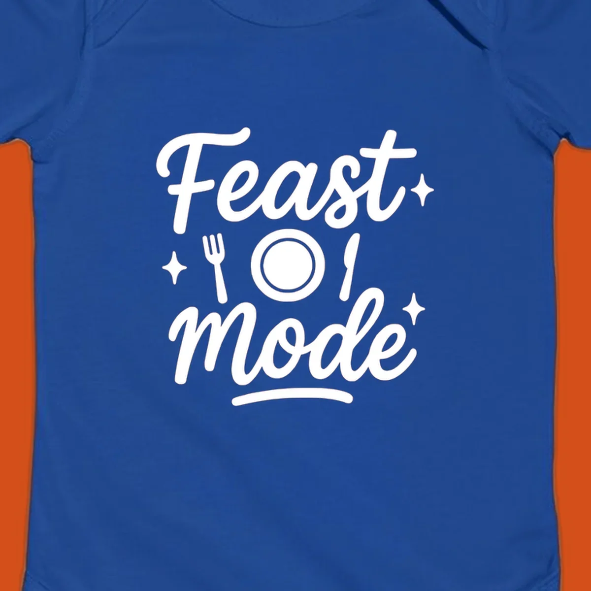 Feast Mode Typography Design with fork, plate, knife, and sparkles.