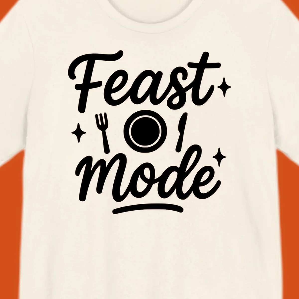 Feast Mode Typography Design with fork, plate, knife, and sparkles.