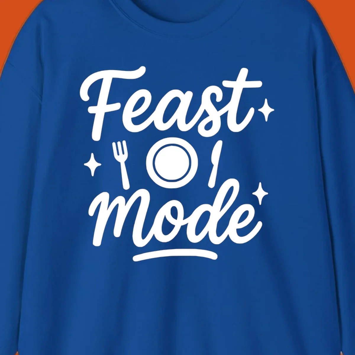 Feast Mode Typography Design with fork, plate, knife, and sparkles.