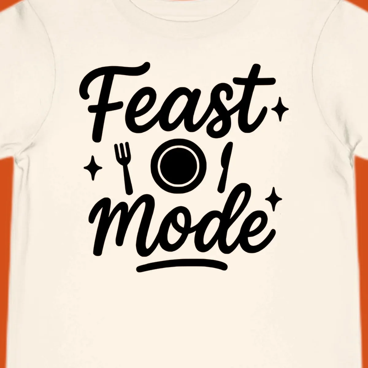 Feast Mode Typography Design with fork, plate, knife, and sparkles.
