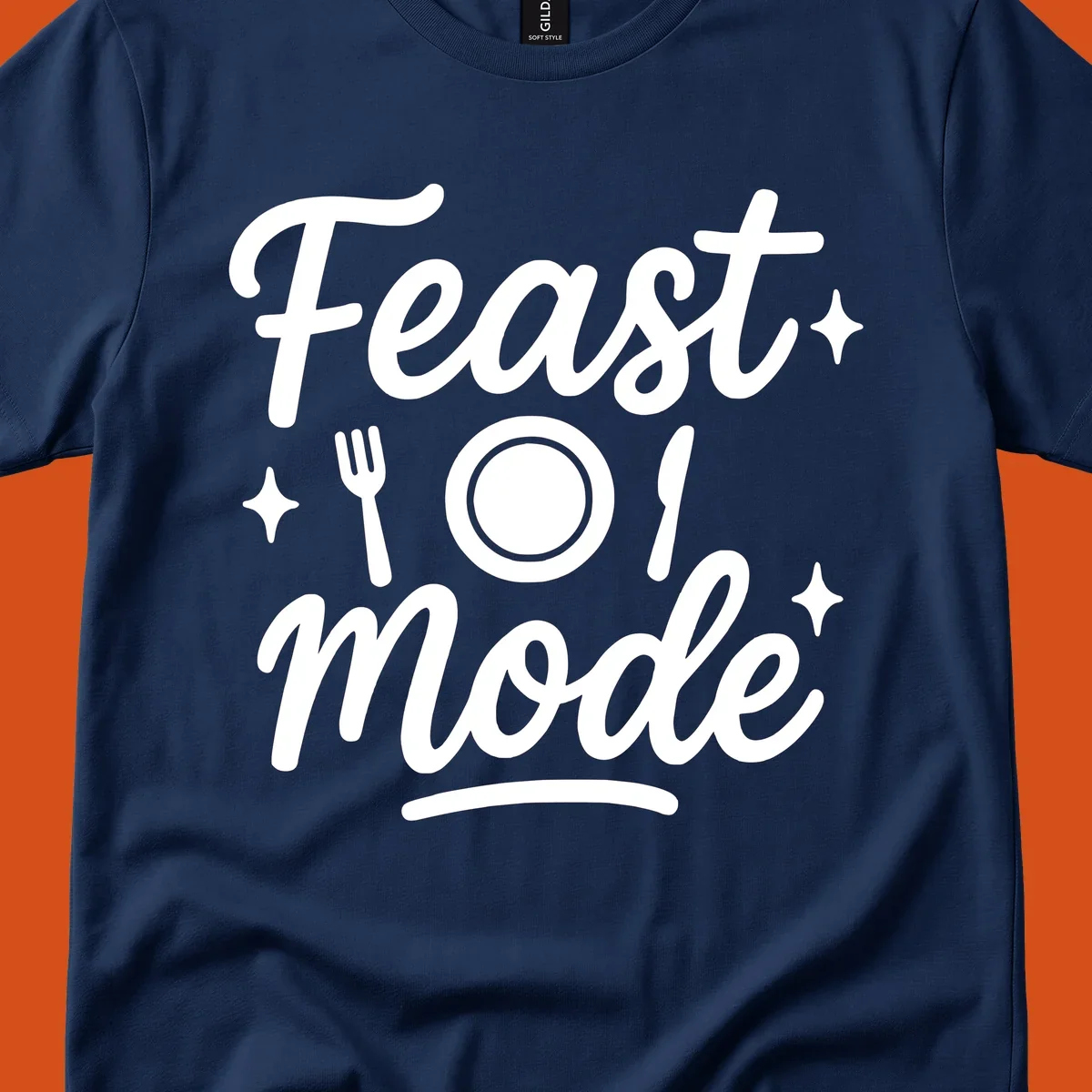 Feast Mode Typography Design with fork, plate, knife, and sparkles.