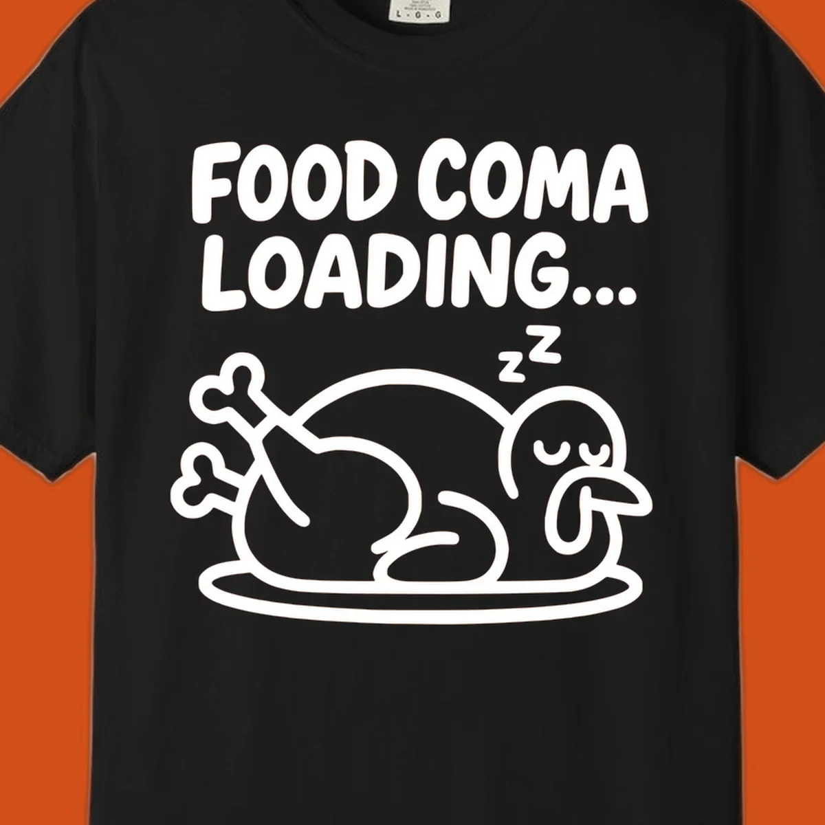 Food coma loading turkey graphic with text and sleeping turkey illustration