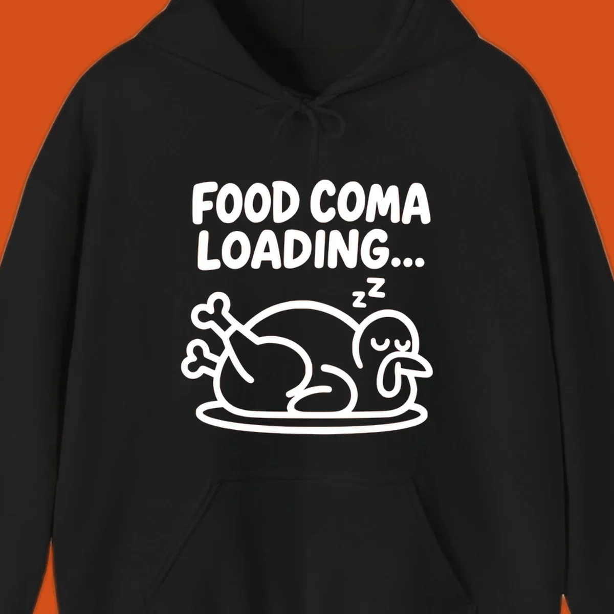 Food coma loading turkey graphic with text and sleeping turkey illustration