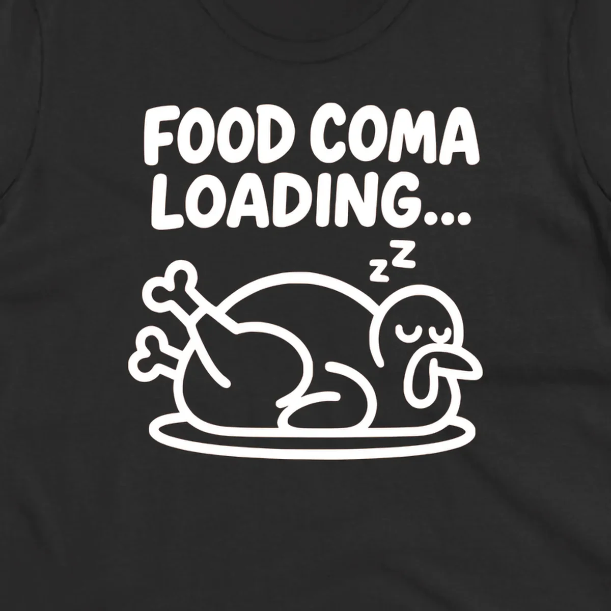 Food coma loading turkey graphic with text and sleeping turkey illustration