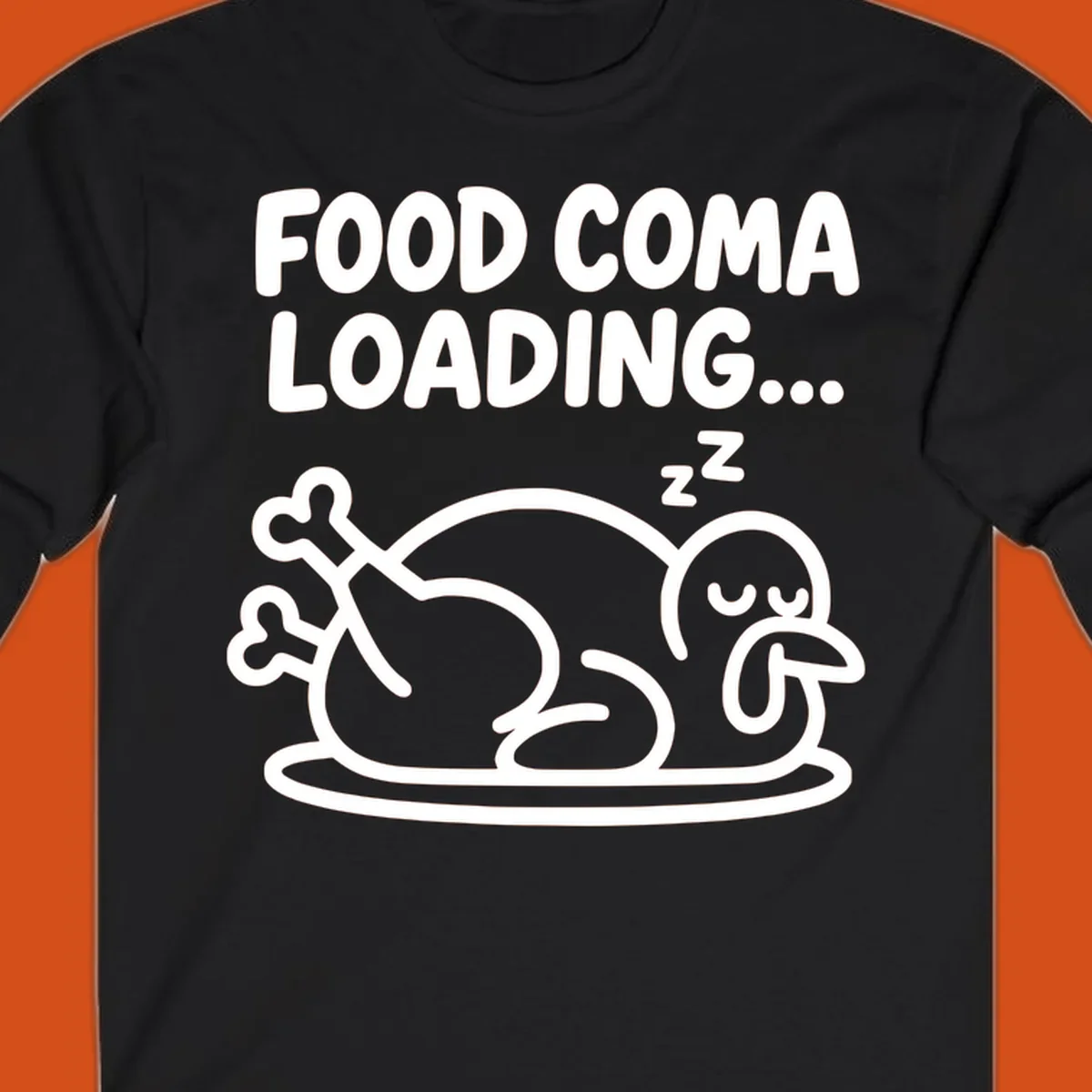 Food coma loading turkey graphic with text and sleeping turkey illustration