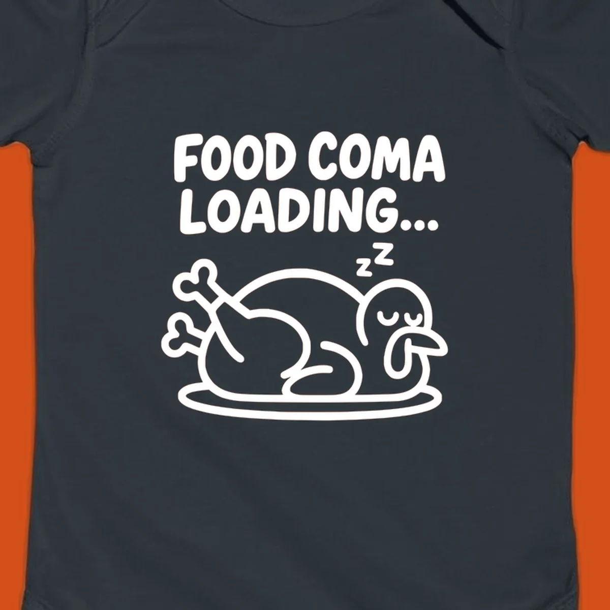 Food coma loading turkey graphic with text and sleeping turkey illustration