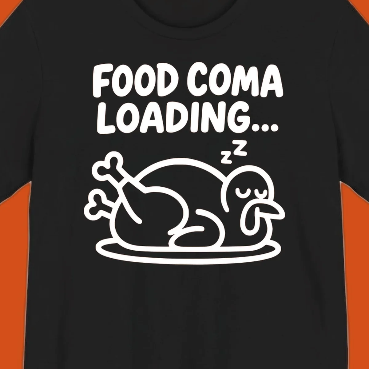 Food coma loading turkey graphic with text and sleeping turkey illustration