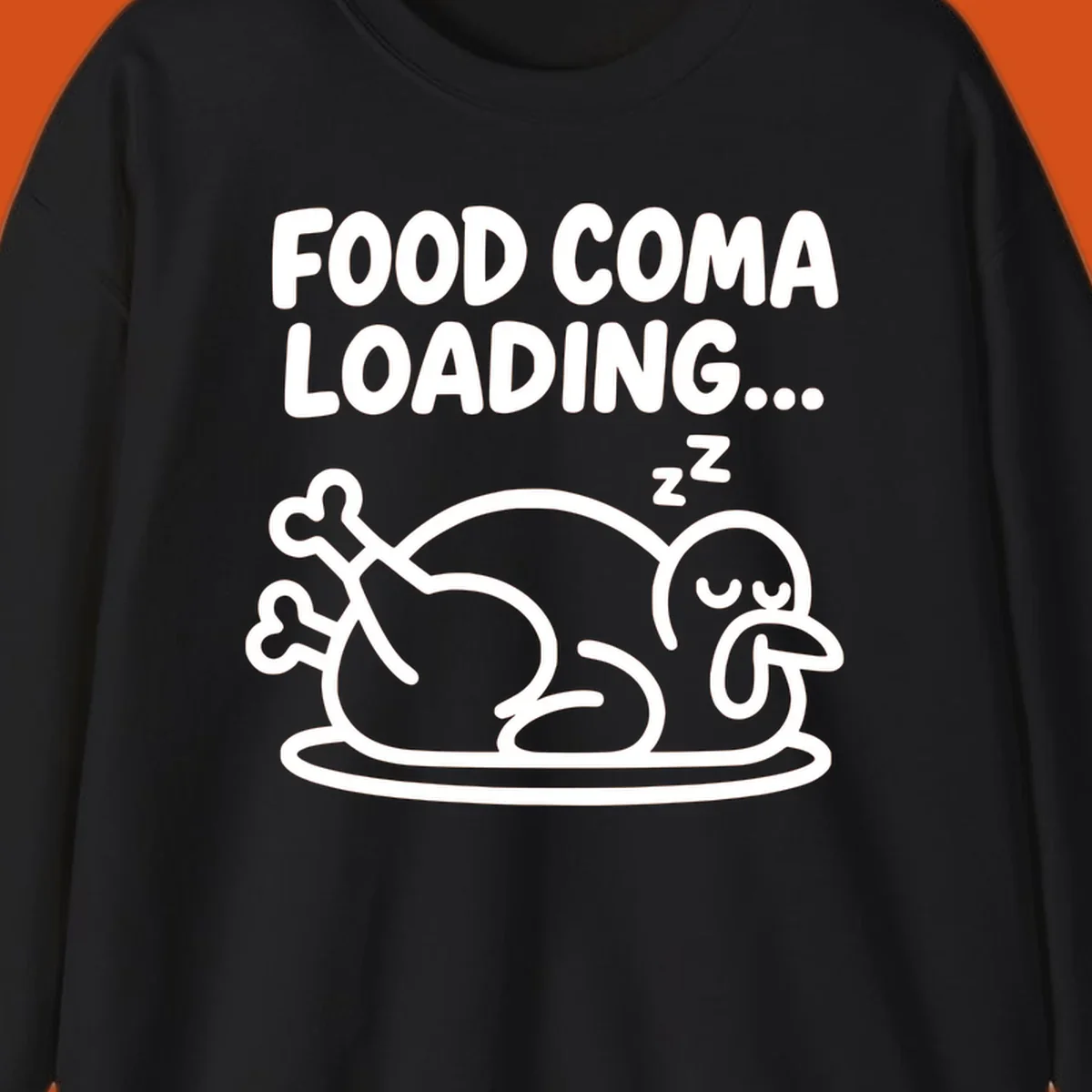 Food coma loading turkey graphic with text and sleeping turkey illustration
