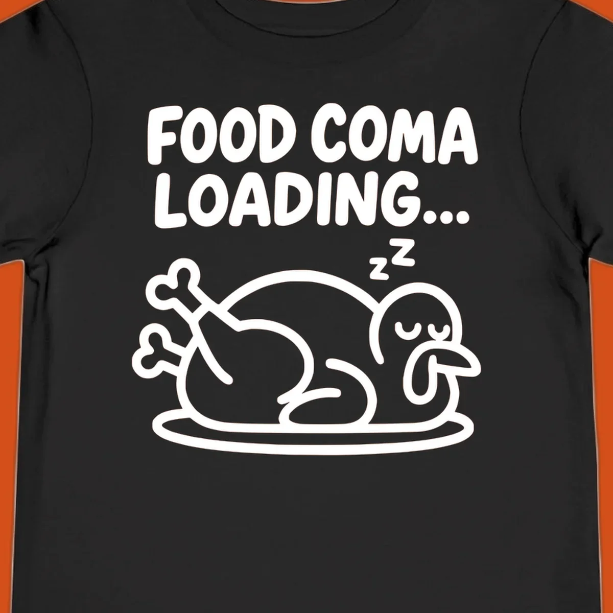 Food coma loading turkey graphic with text and sleeping turkey illustration