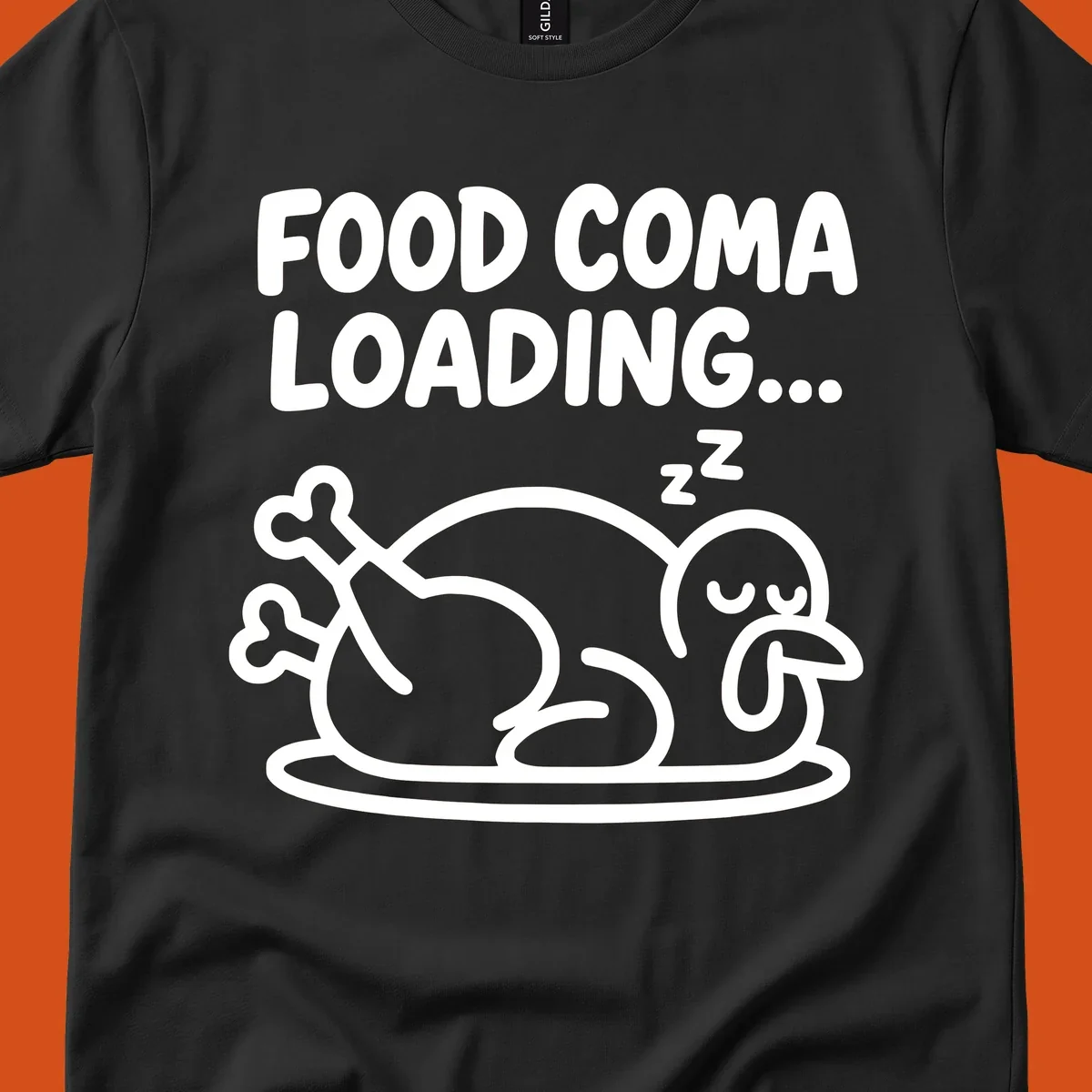 Food coma loading turkey graphic with text and sleeping turkey illustration