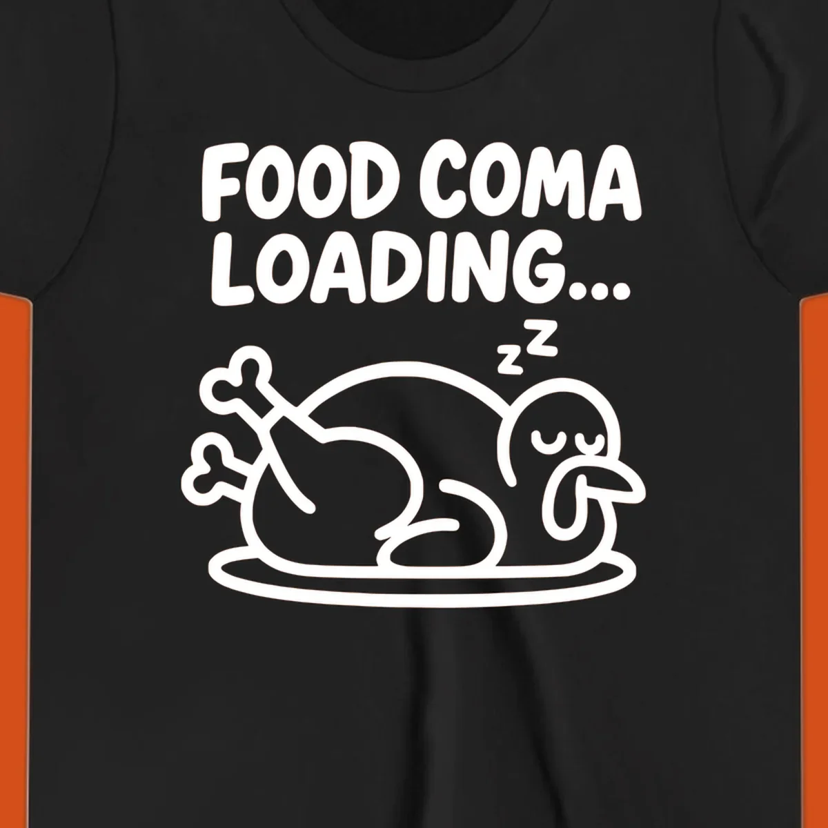Food coma loading turkey graphic with text and sleeping turkey illustration
