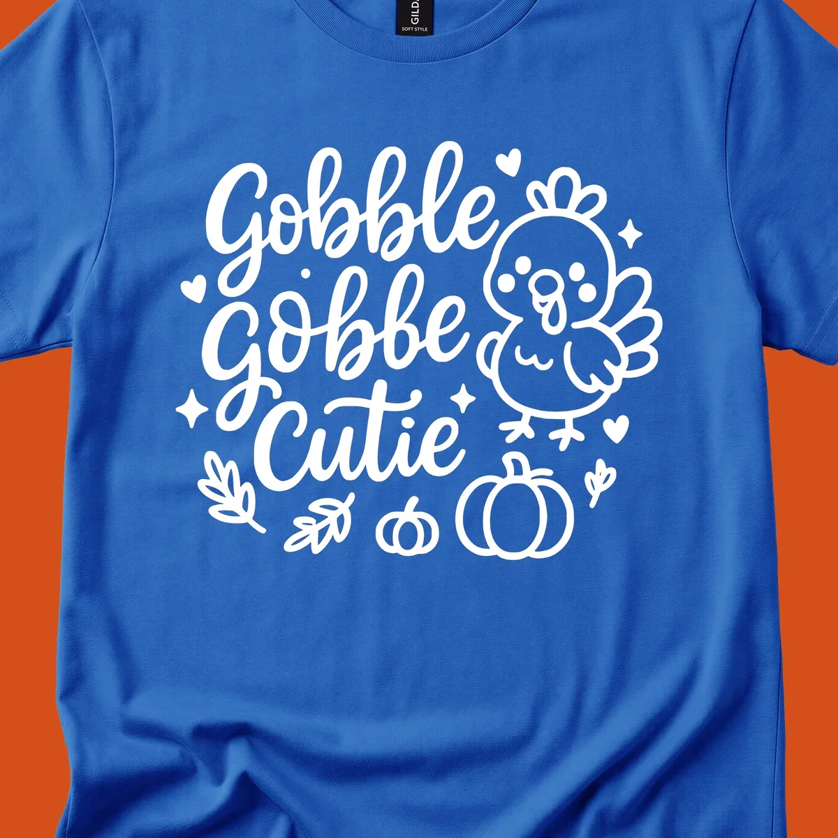 Gobble Gobble Cutie Thanksgiving turkey and pumpkin design.